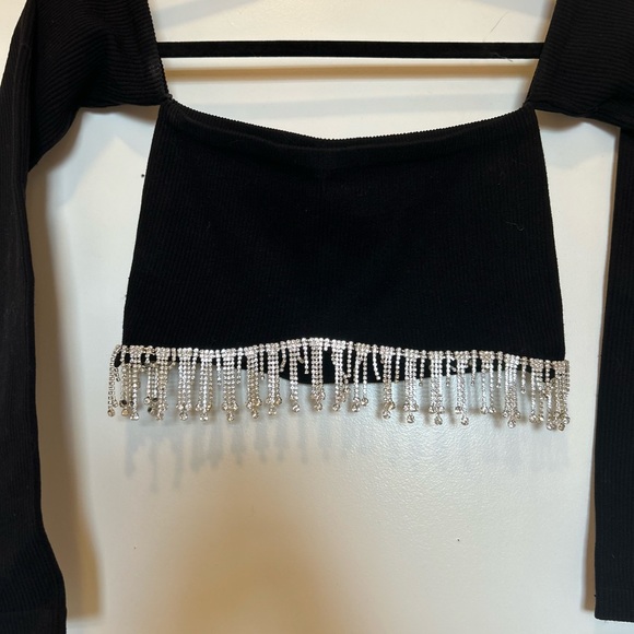 ZARA Off The Shoulder Black Rhinestone Seamless Crop Top Long Sleeve Size S!! - Picture 6 of 16